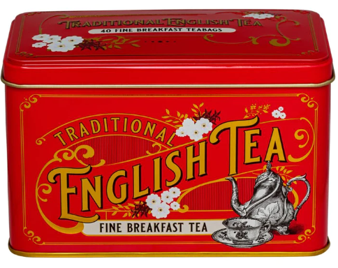 Vintage Victorian Berry-Red Tea Tin With 40 English Breakfast Tea Bags